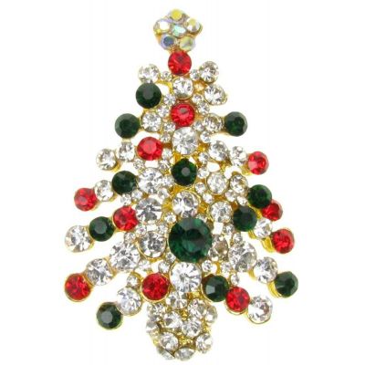 BROOCH RED GREEN CHRISTMAS XMAS TREE RHINESTONE DIAMANTE BROACH PIN GIFT NEW UK