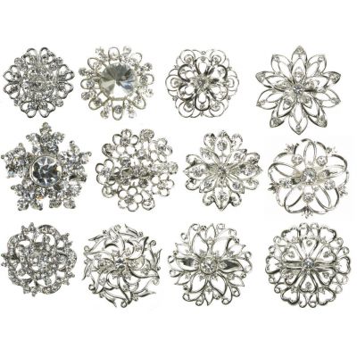 MIX SILVER DIAMANTE 12 PCS BROOCH BROACH PIN BOUQUET JOB LOT CAKE DECO NEW UK 