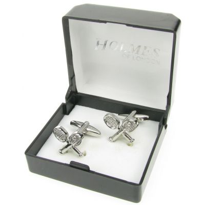 NOVELTY TENNIS RACKET RAQUET BALL WIMBLEDON CUFFLINKS MENS SILVER XMAS BNIB UK